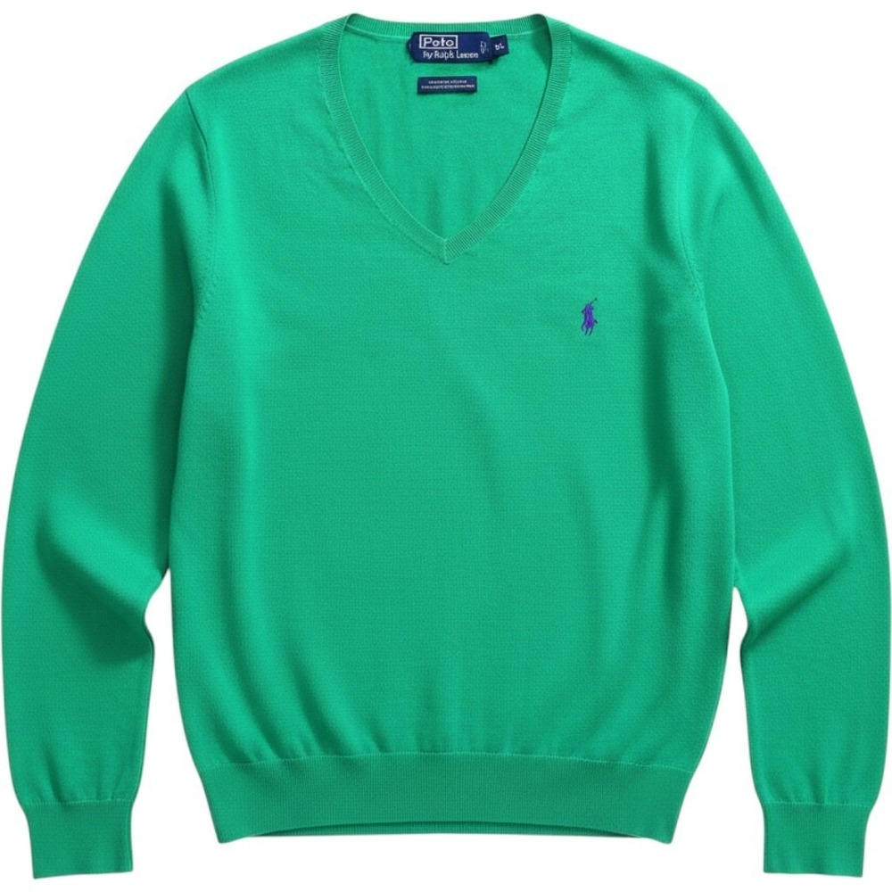 Polo Ralph Lauren Mens XL Kelly Green Pima Cotton V Neck Sweater Purple Pony